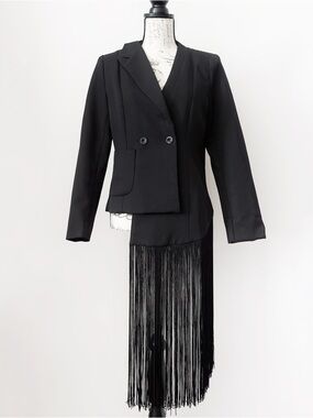 Black asymmetric blazer with fringe, size S